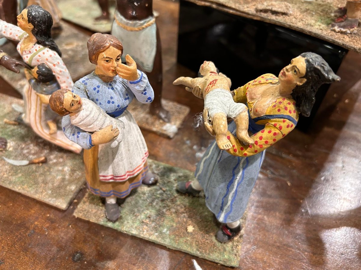 Antico diorama composto da statue in terracotta  raff. strage degli innocenti, Napoli XIX sec.-photo-4