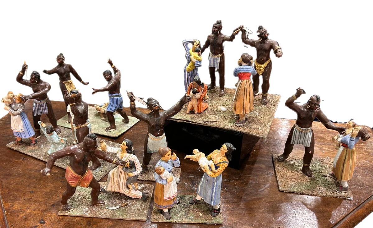 Antico diorama composto da statue in terracotta  raff. strage degli innocenti, Napoli XIX sec.