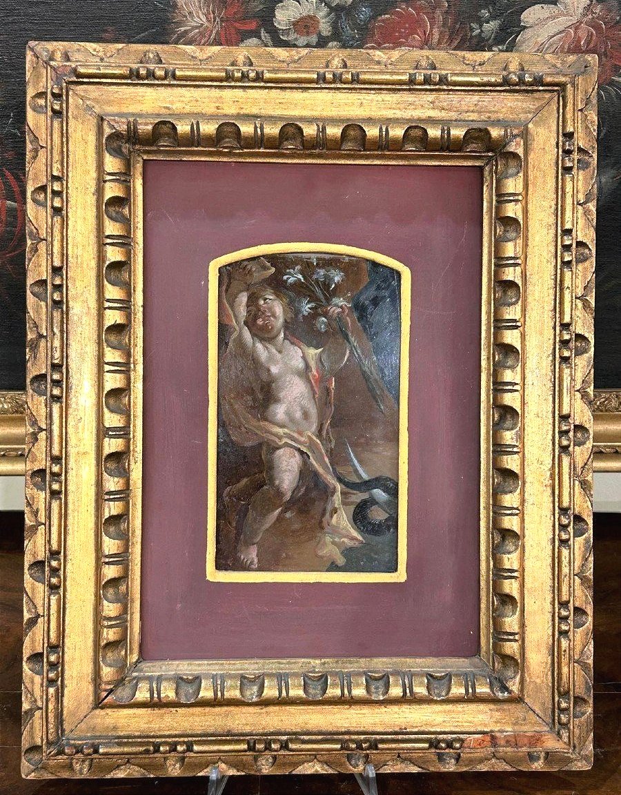 Pittura su vetro, frammento con putto da un'immacolata concezione. Napoli, primi '700.-photo-2