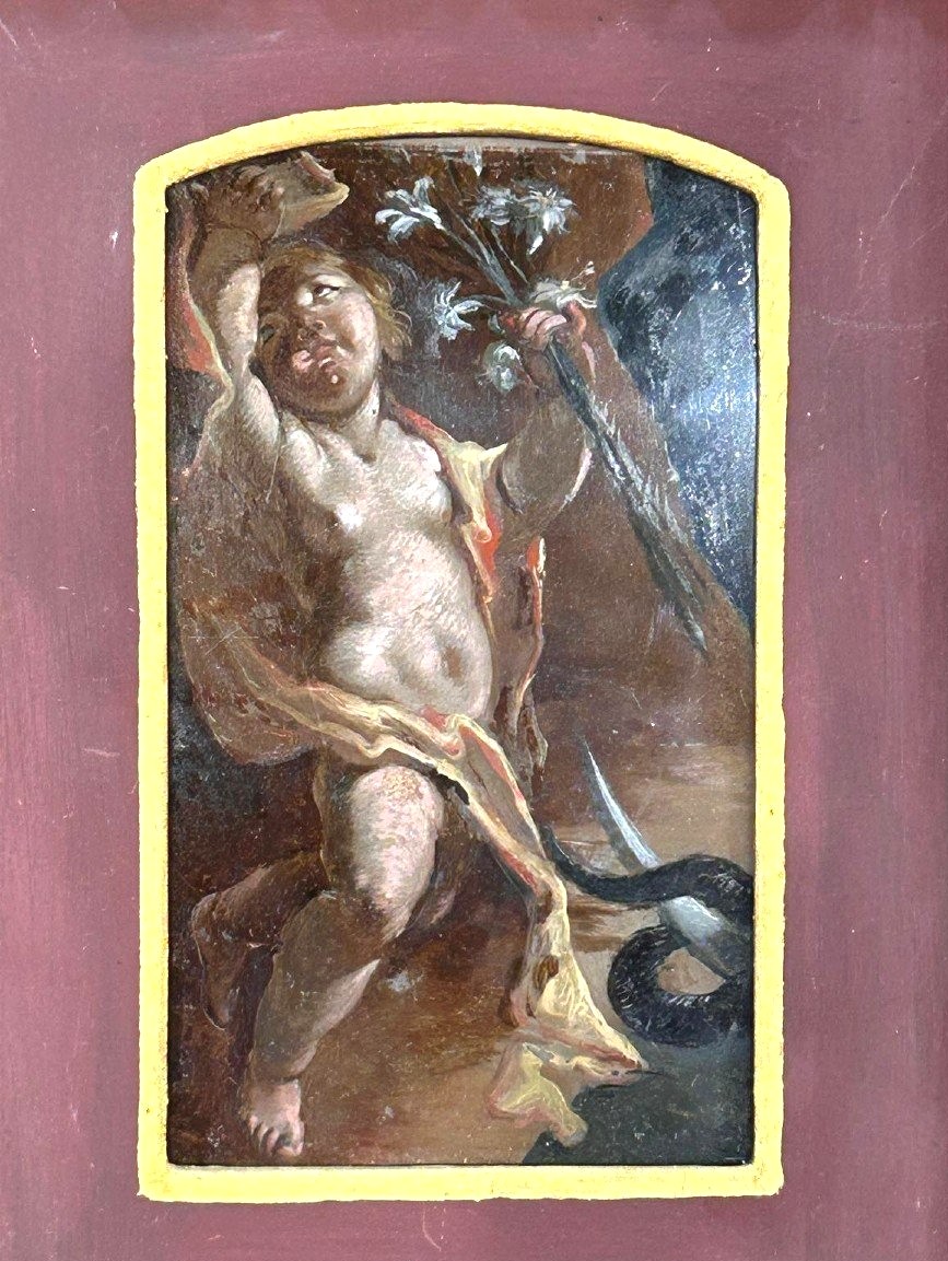Pittura su vetro, frammento con putto da un'immacolata concezione. Napoli, primi '700.