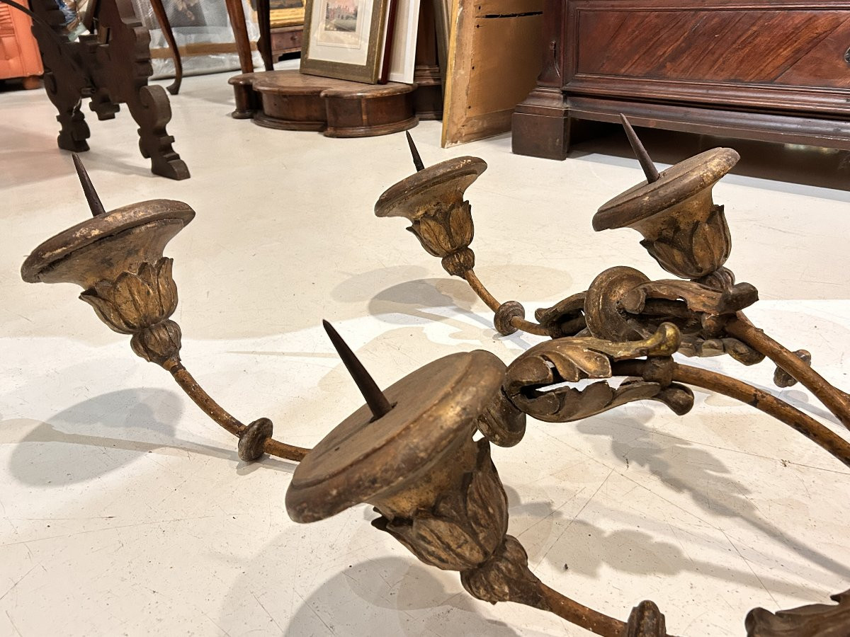 Coppia di appliques portalumi in legno intagliato e dorato. Italia centrale,  XVII -  XVIIIsec.-photo-3