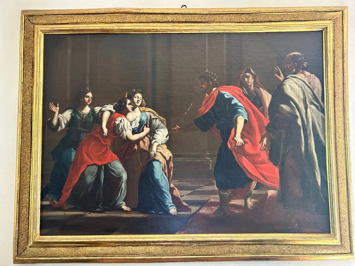 Ester e Assuero - Olio su tela della 2a metà del XVII secolo. Cornice romana sabbiata coeva.-photo-2