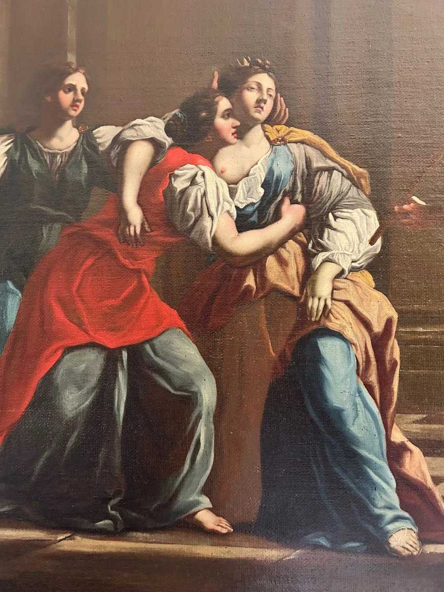 Ester e Assuero - Olio su tela della 2a metà del XVII secolo. Cornice romana sabbiata coeva.-photo-3