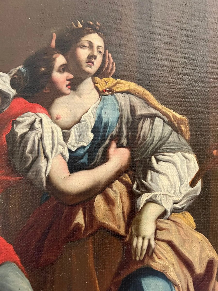 Ester e Assuero - Olio su tela della 2a metà del XVII secolo. Cornice romana sabbiata coeva.-photo-1