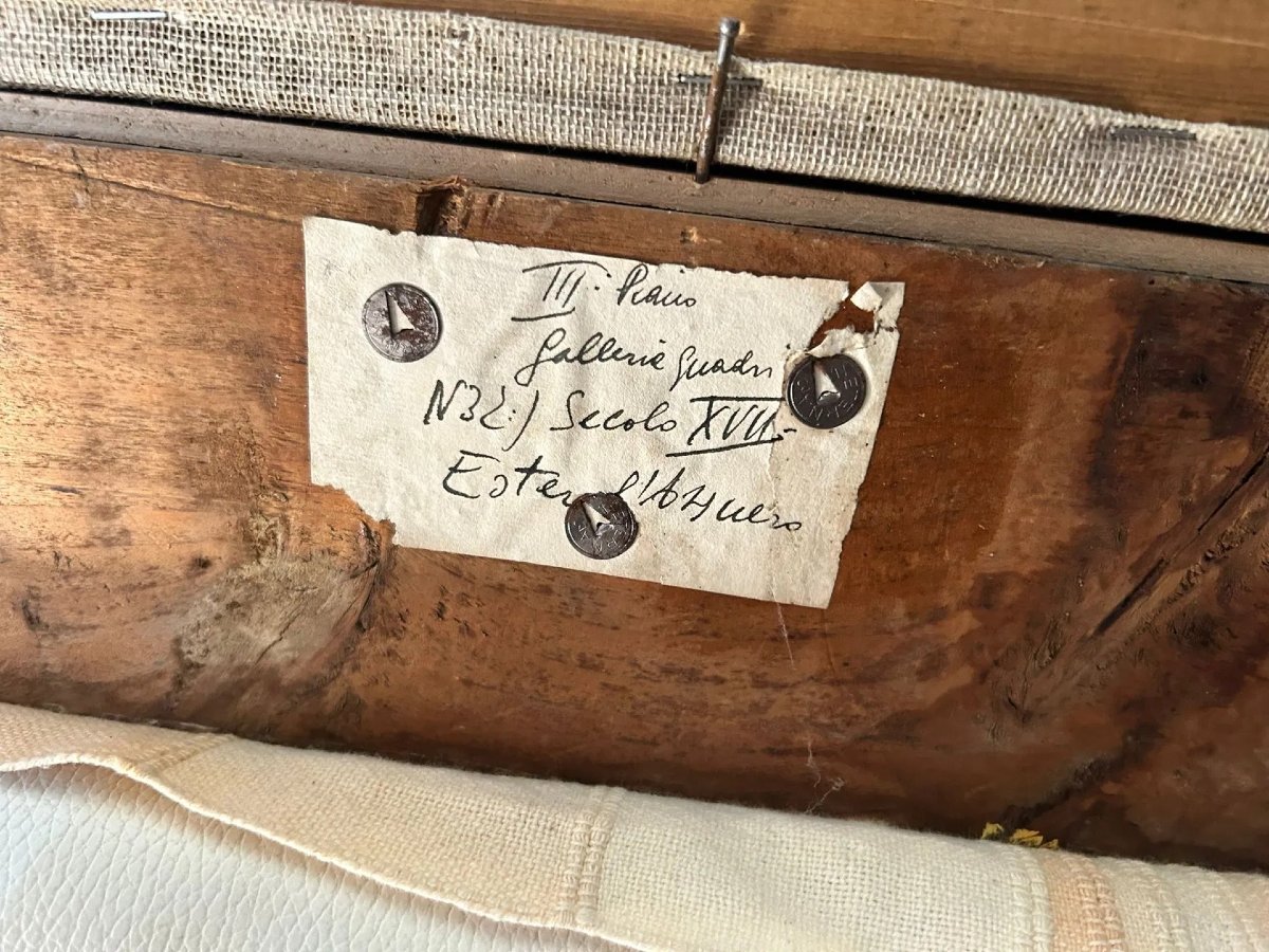 Ester e Assuero - Olio su tela della 2a metà del XVII secolo. Cornice romana sabbiata coeva.-photo-2