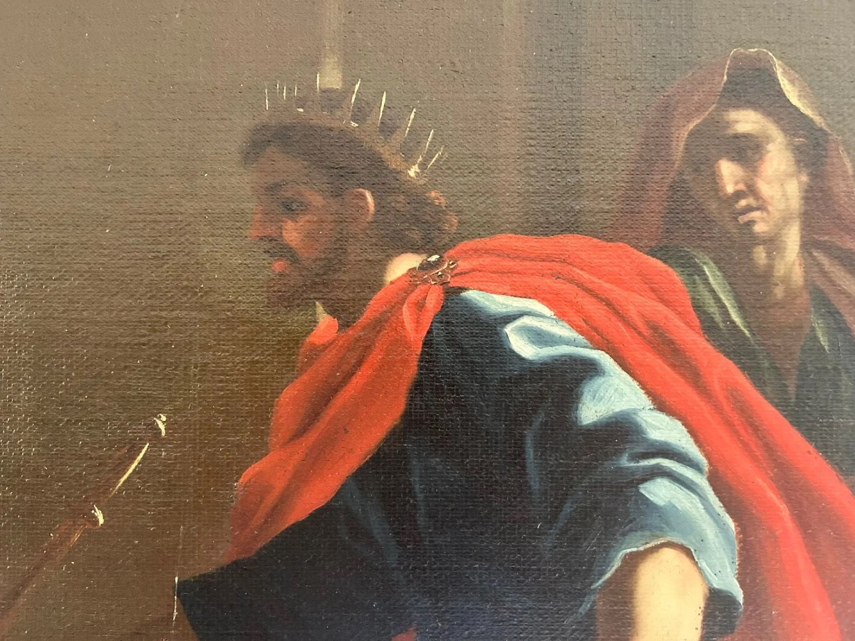 Ester e Assuero - Olio su tela della 2a metà del XVII secolo. Cornice romana sabbiata coeva.-photo-3