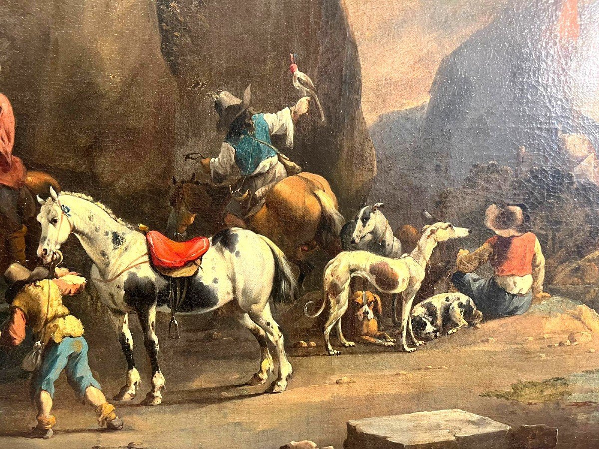 Uscita di caccia con falconiere, firmata dal maestro olandese Simon Van Douw (1630 - 1677)-photo-2