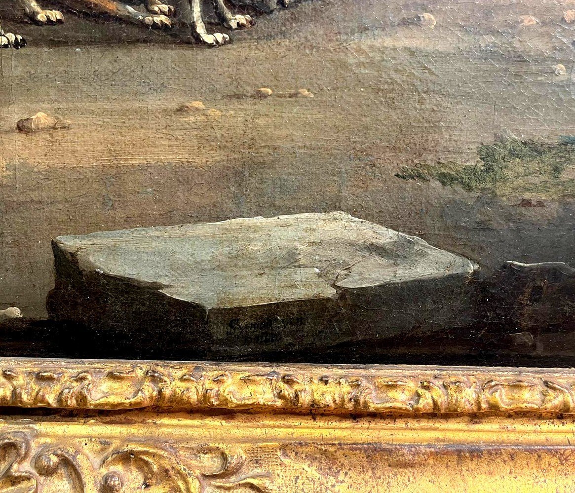 Uscita di caccia con falconiere, firmata dal maestro olandese Simon Van Douw (1630 - 1677)-photo-3