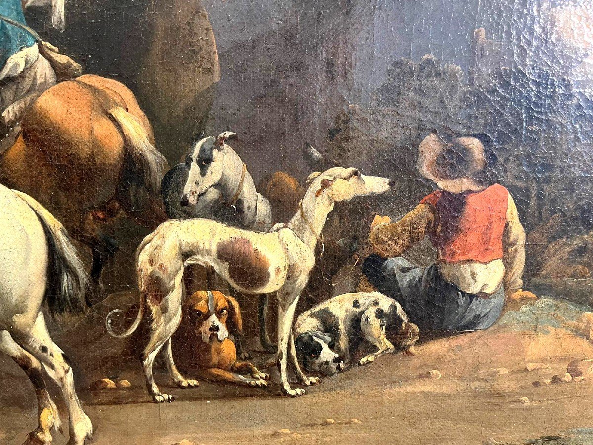 Uscita di caccia con falconiere, firmata dal maestro olandese Simon Van Douw (1630 - 1677)-photo-2