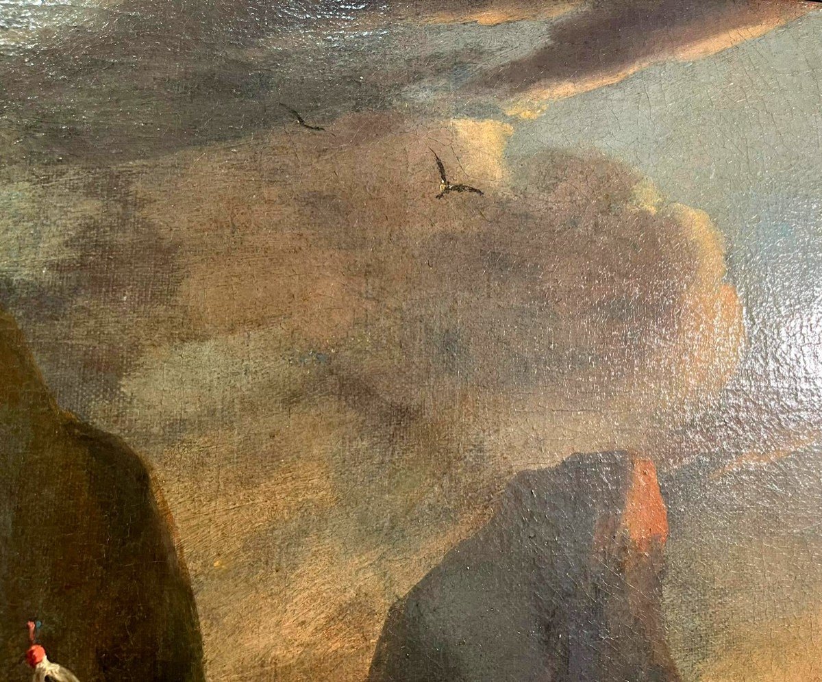 Uscita di caccia con falconiere, firmata dal maestro olandese Simon Van Douw (1630 - 1677)-photo-4