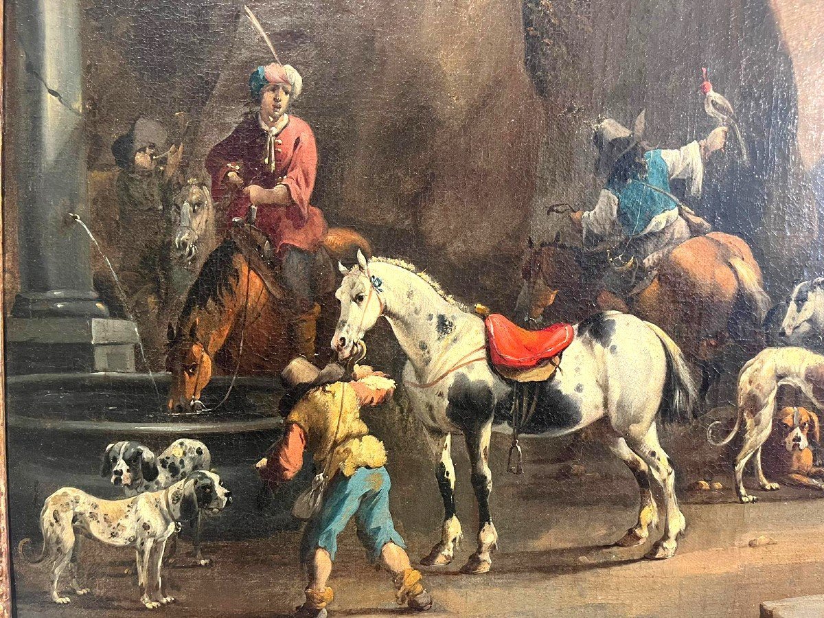 Uscita di caccia con falconiere, firmata dal maestro olandese Simon Van Douw (1630 - 1677)-photo-5