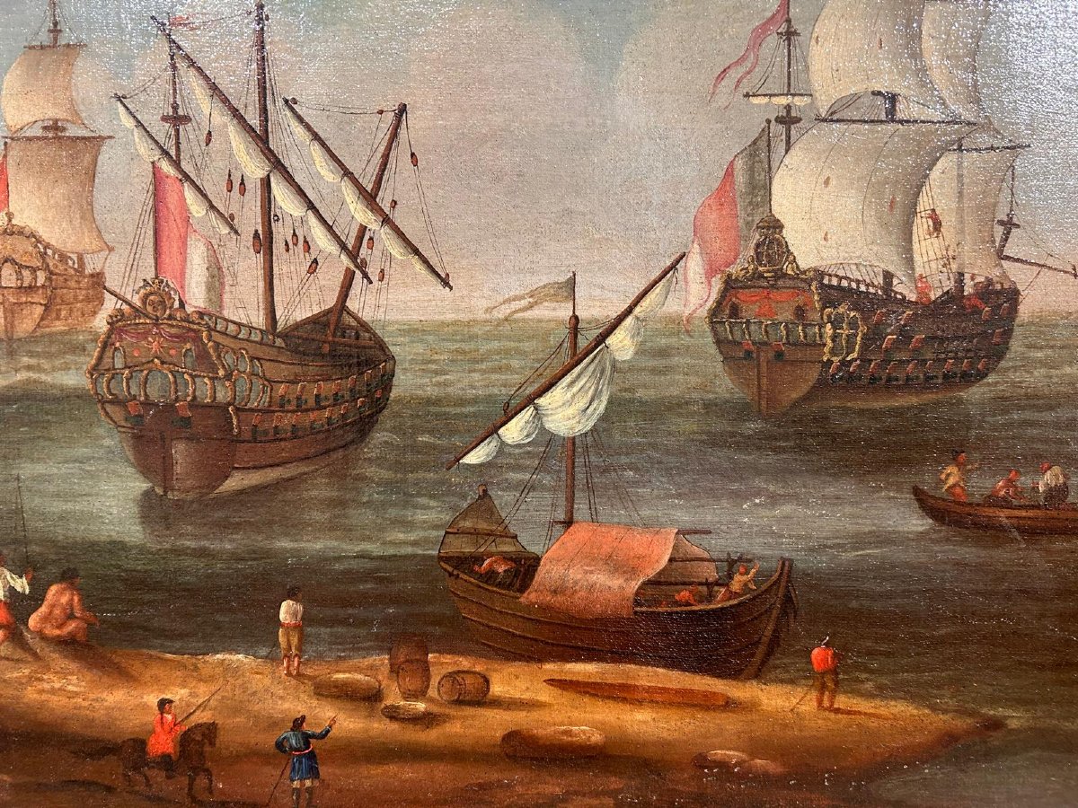 Interessante marina con personaggi e galeoni con cornice coeva. Centro-Italia fine del '600, pr-photo-1