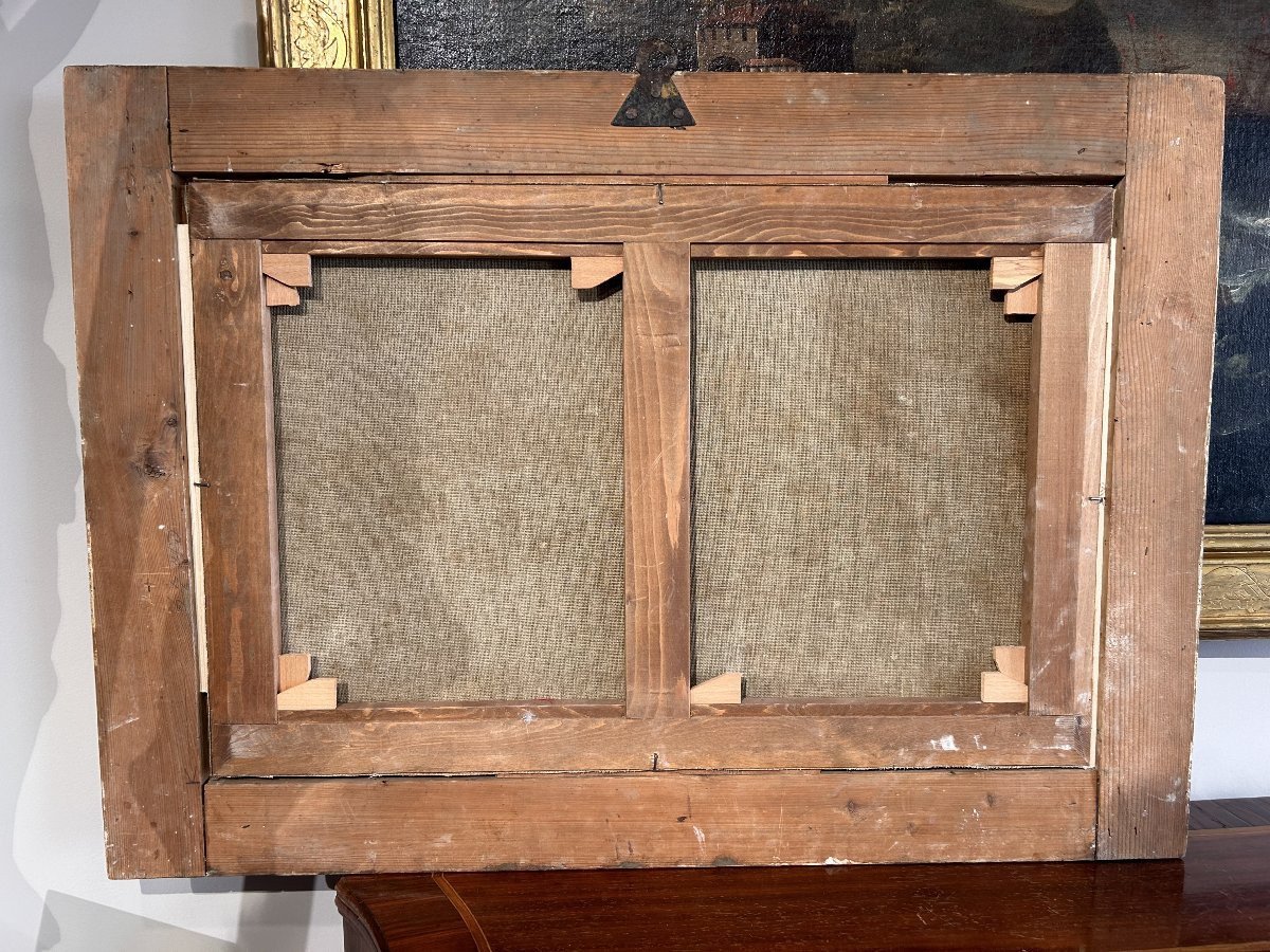 Interessante marina con personaggi e galeoni con cornice coeva. Centro-Italia fine del '600, pr-photo-3