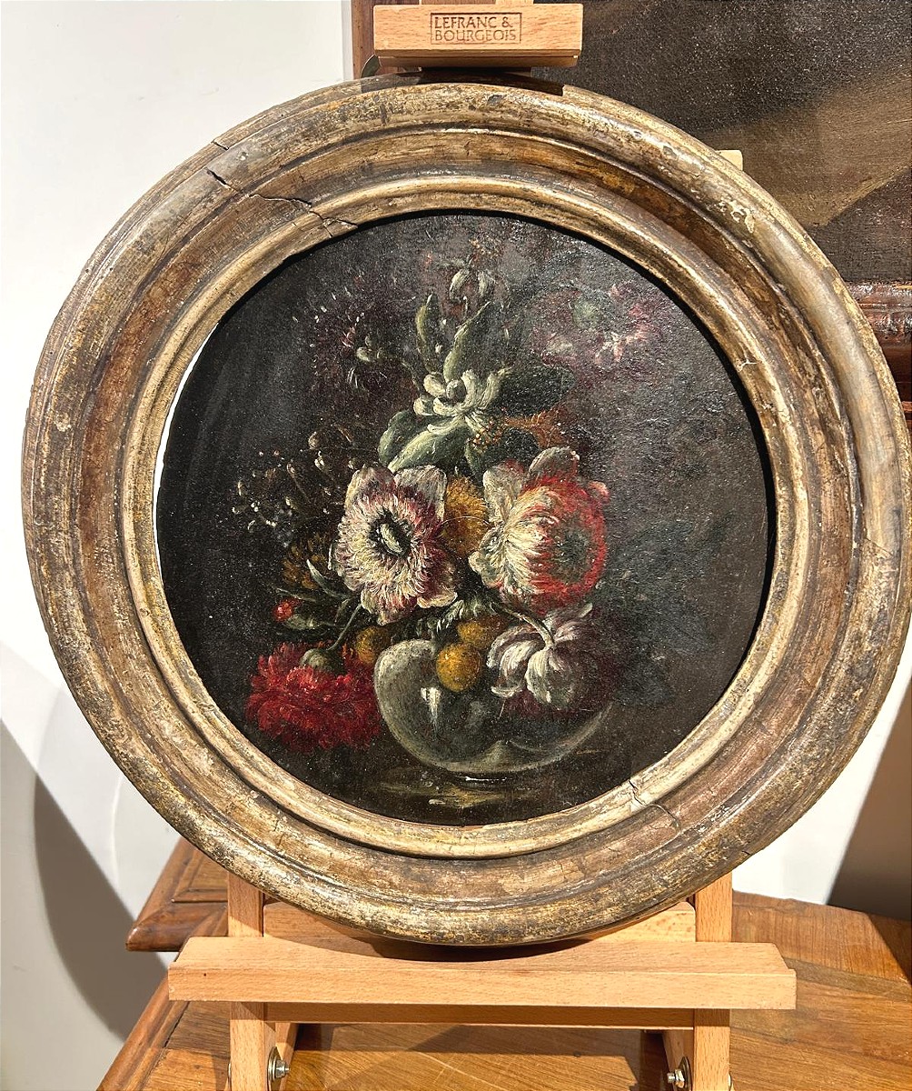 Olio su tavola raff. vaso con fiori, Roma XVIIsecolo.