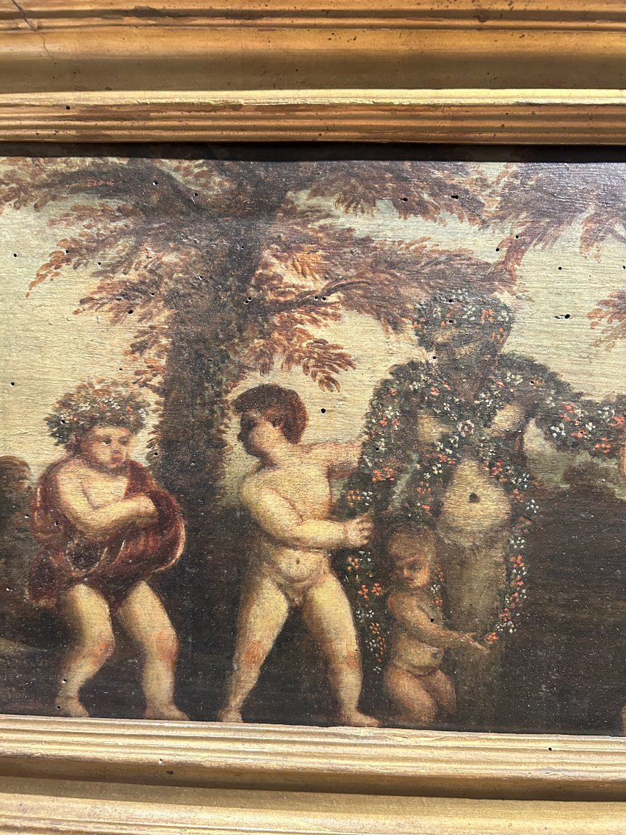 Olio su tavola con danza di amorini, Italia centrale del XVII secolo.-photo-3
