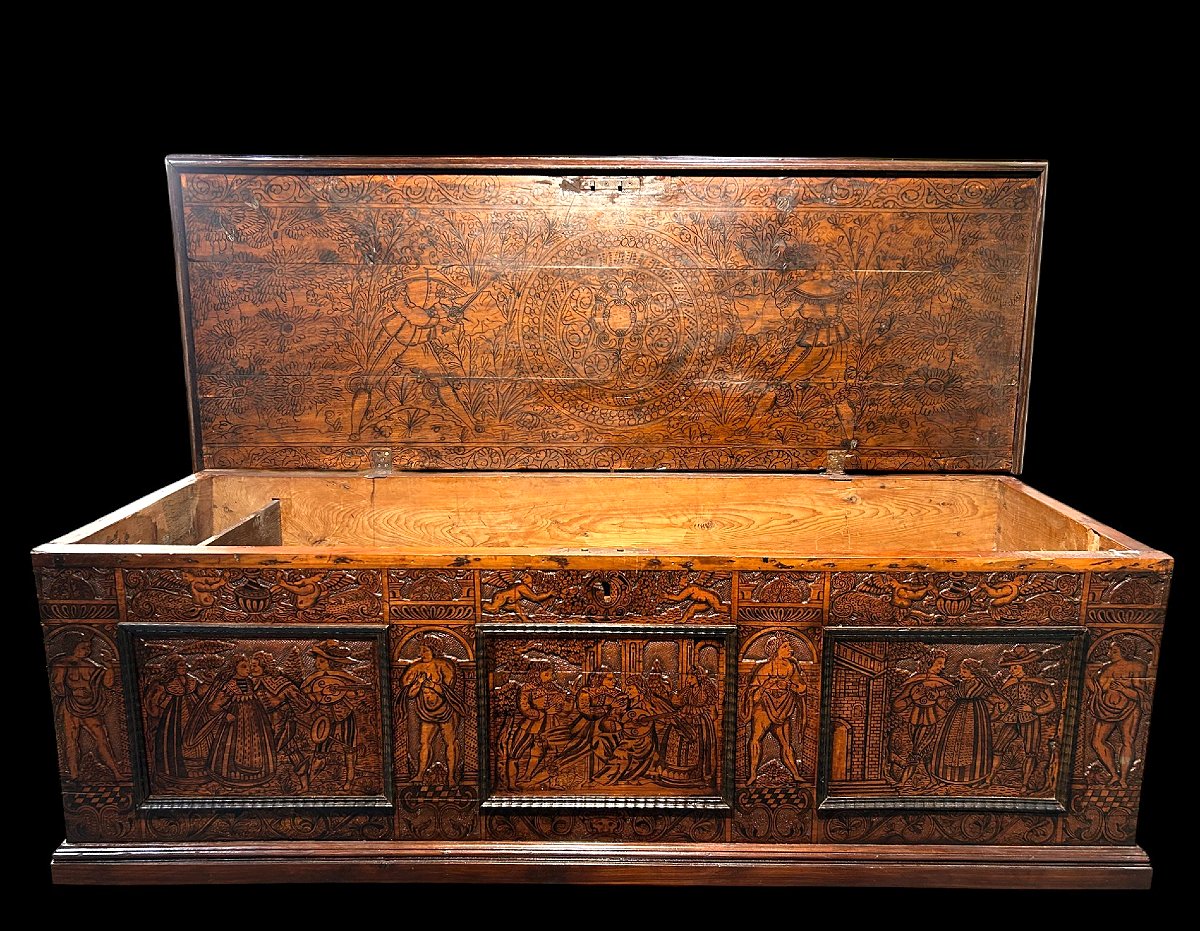 Importante cassone nuziale in cedro del libano pirografato. Venezia o Friuli XVI secolo.-photo-2