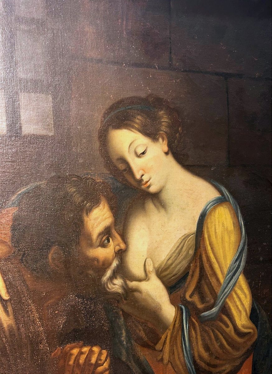 Carità romana ultimo quarto del XVII secolo - grande olio su tela con cornice coeva. (113x152)-photo-2