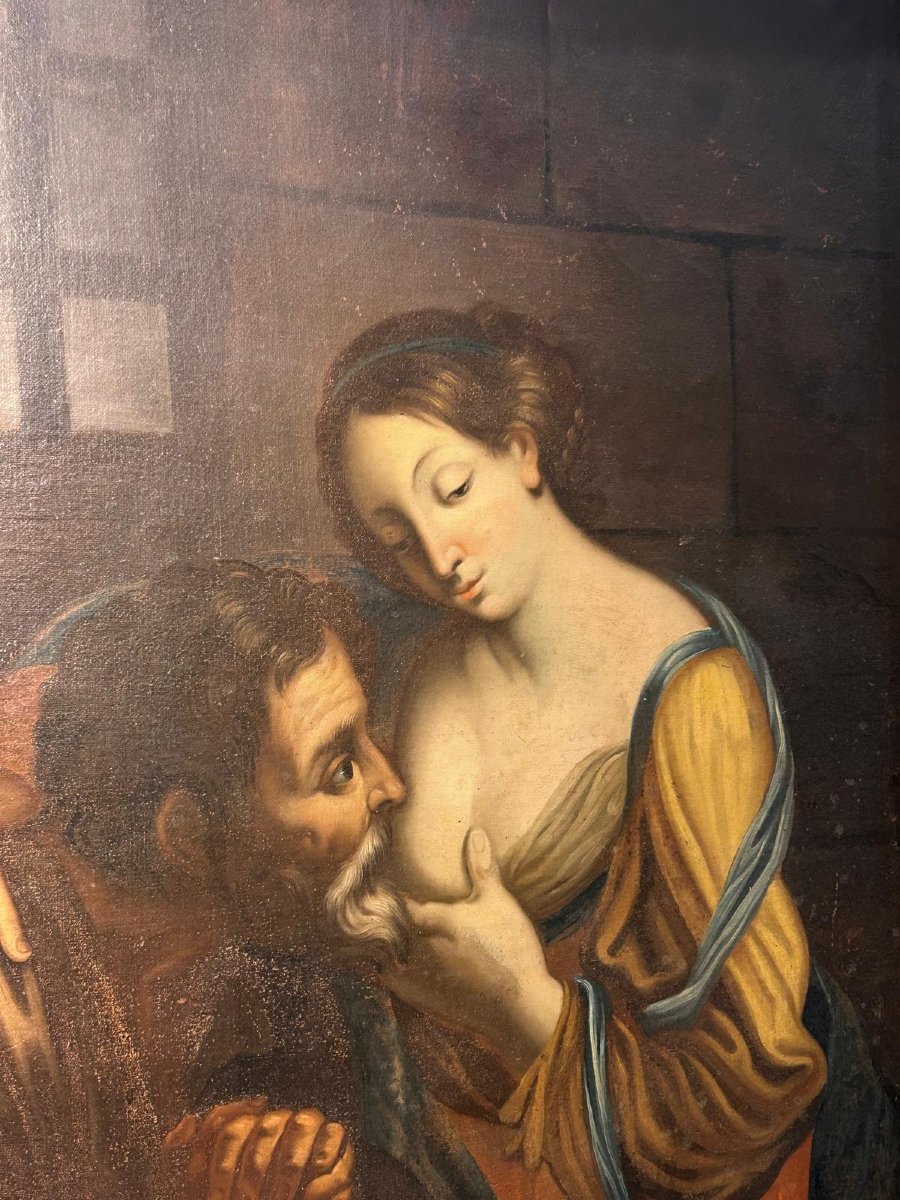 Carità romana ultimo quarto del XVII secolo - grande olio su tela con cornice coeva. (113x152)-photo-1