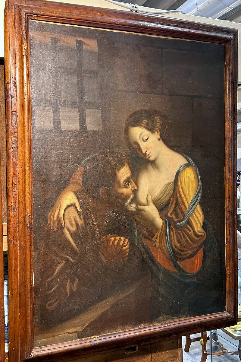 Carità romana ultimo quarto del XVII secolo - grande olio su tela con cornice coeva. (113x152)