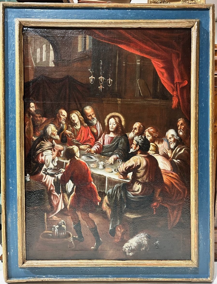 "Ultima cena", scuola dei Bassano fine del XVI - primi del XVII secolo. ( 88 cm x115 cm)