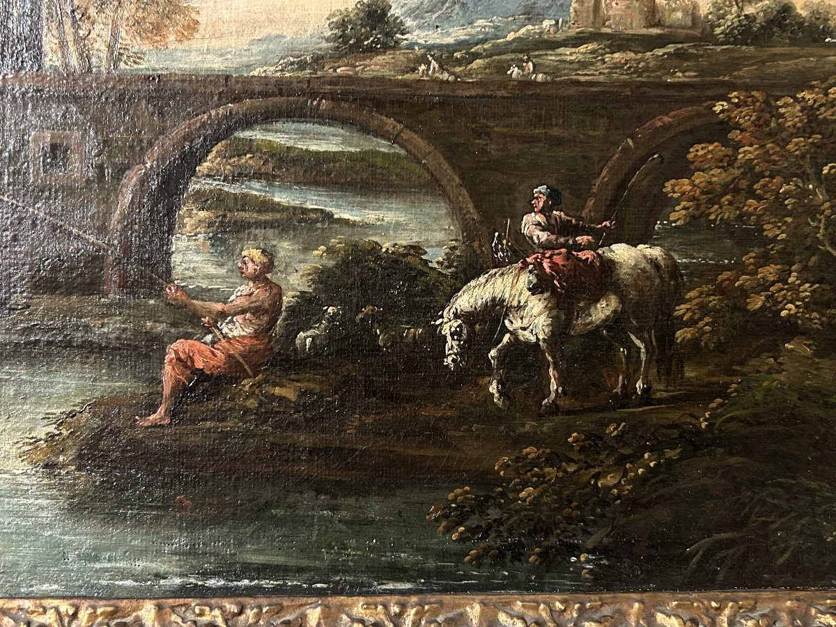 Sovrapporta dipinto ad olio su tela raff. viandanti a pesca presso ponte Mammolo, fine XVII sec-photo-2