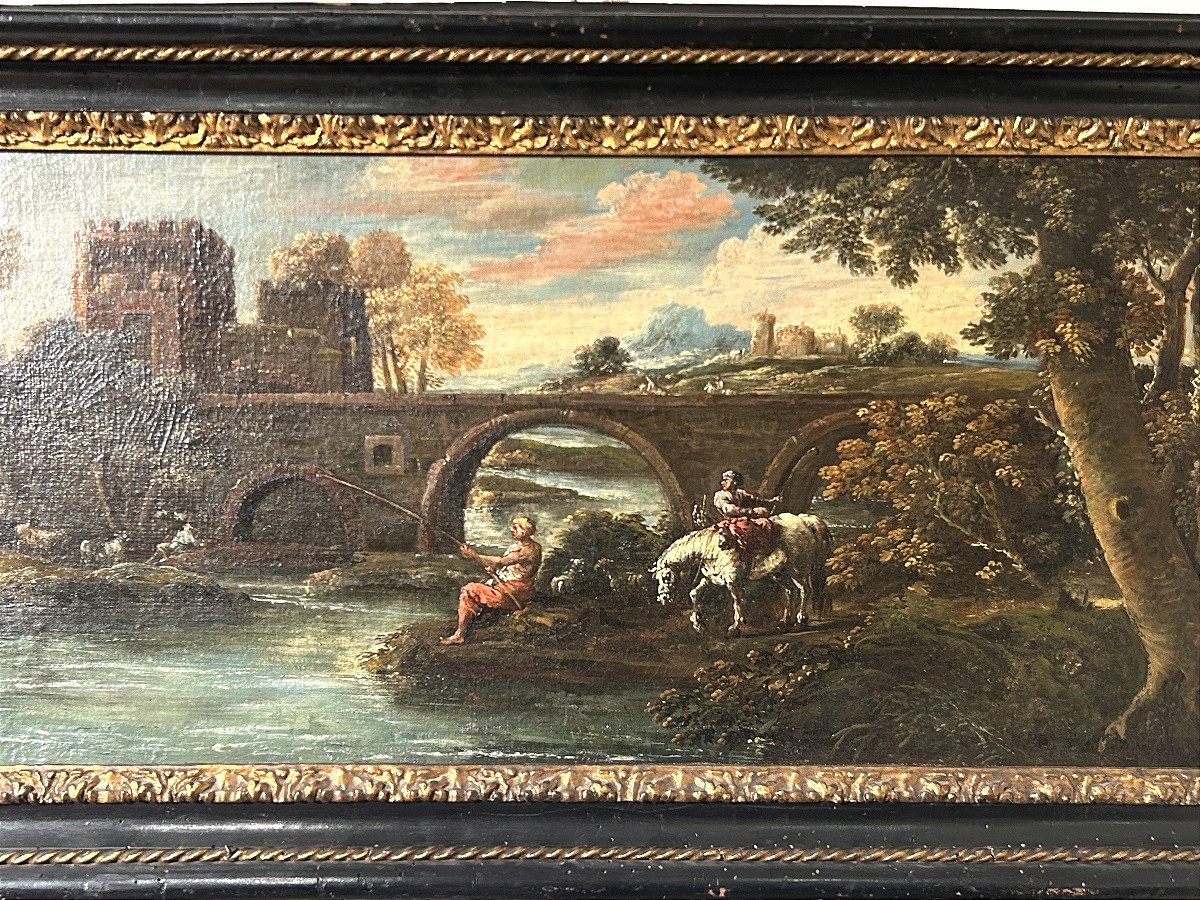 Sovrapporta dipinto ad olio su tela raff. viandanti a pesca presso ponte Mammolo, fine XVII sec-photo-4