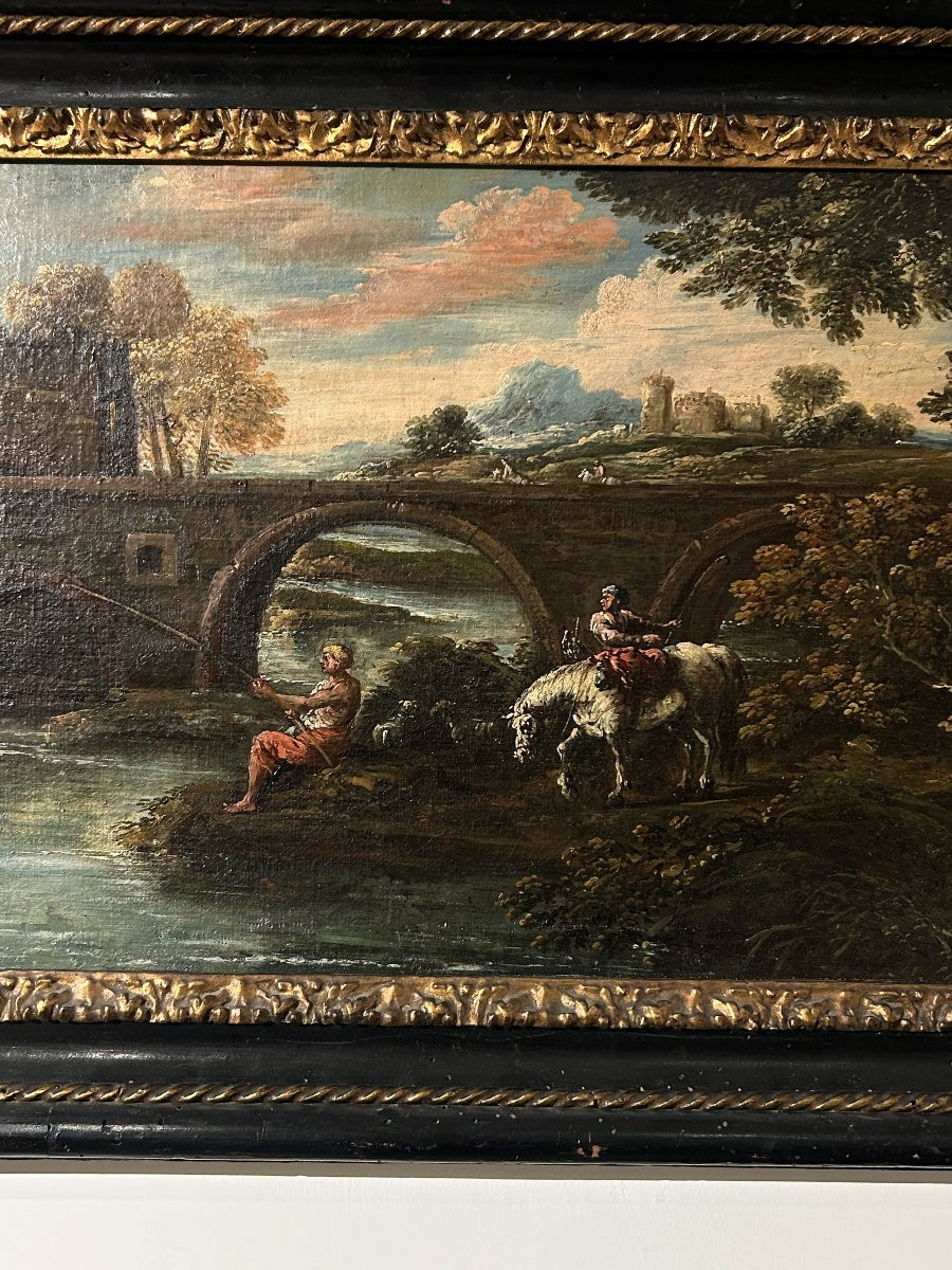 Sovrapporta dipinto ad olio su tela raff. viandanti a pesca presso ponte Mammolo, fine XVII sec-photo-1