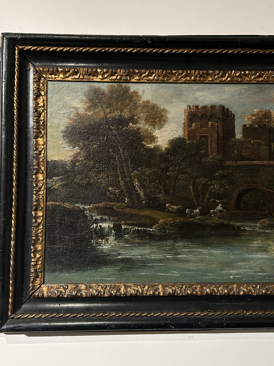 Sovrapporta dipinto ad olio su tela raff. viandanti a pesca presso ponte Mammolo, fine XVII sec-photo-2