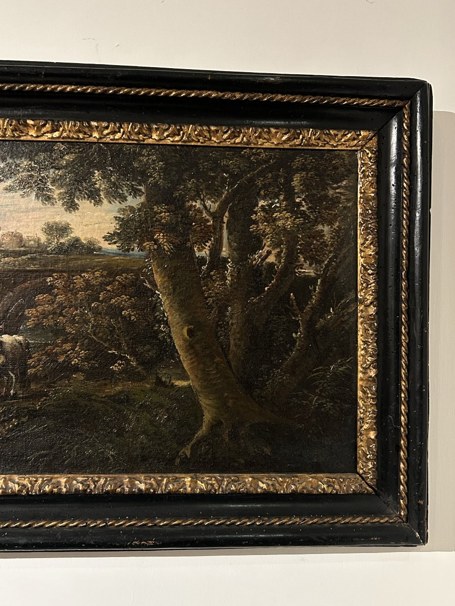 Sovrapporta dipinto ad olio su tela raff. viandanti a pesca presso ponte Mammolo, fine XVII sec-photo-3