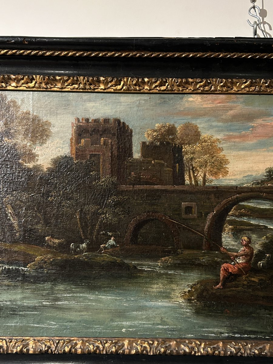 Sovrapporta dipinto ad olio su tela raff. viandanti a pesca presso ponte Mammolo, fine XVII sec-photo-4