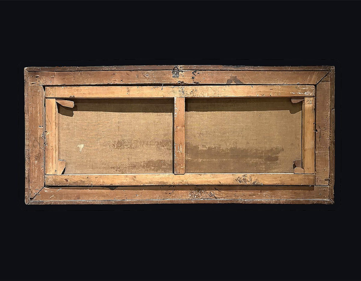 Sovrapporta dipinto ad olio su tela raff. viandanti a pesca presso ponte Mammolo, fine XVII sec-photo-5