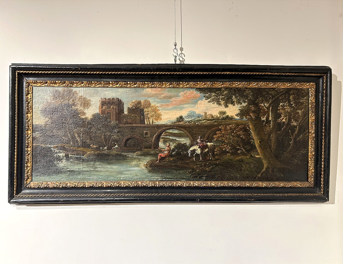 Sovrapporta dipinto ad olio su tela raff. viandanti a pesca presso ponte Mammolo, fine XVII sec