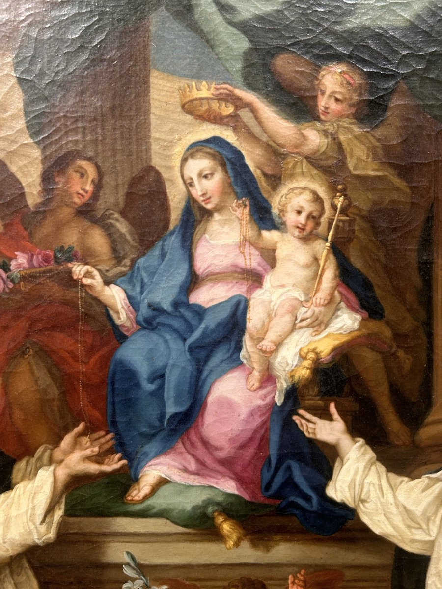Sebastiano Conca - "Madonna del Rosario" su rara cornice intagliata e intarsiata di vetri.-photo-2