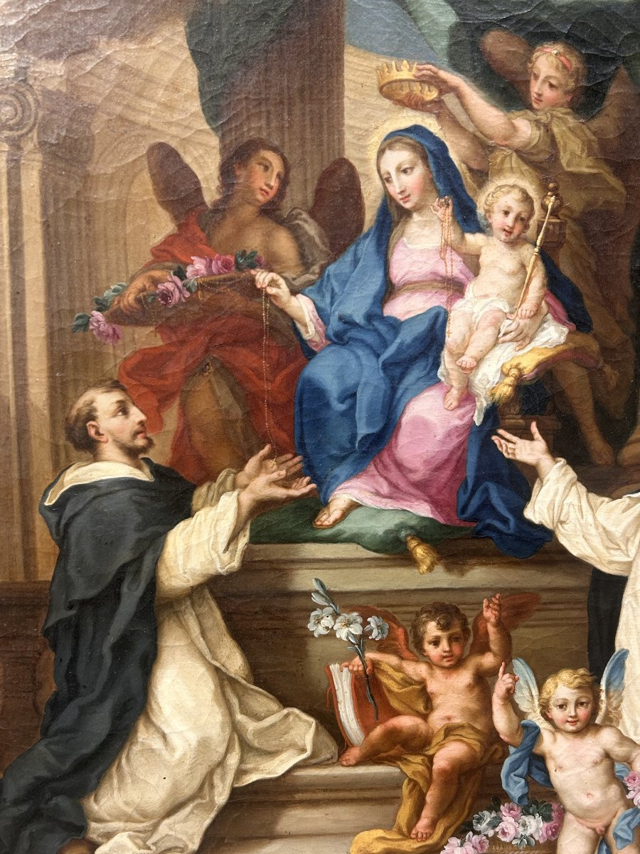 Sebastiano Conca - "Madonna del Rosario" su rara cornice intagliata e intarsiata di vetri.-photo-4