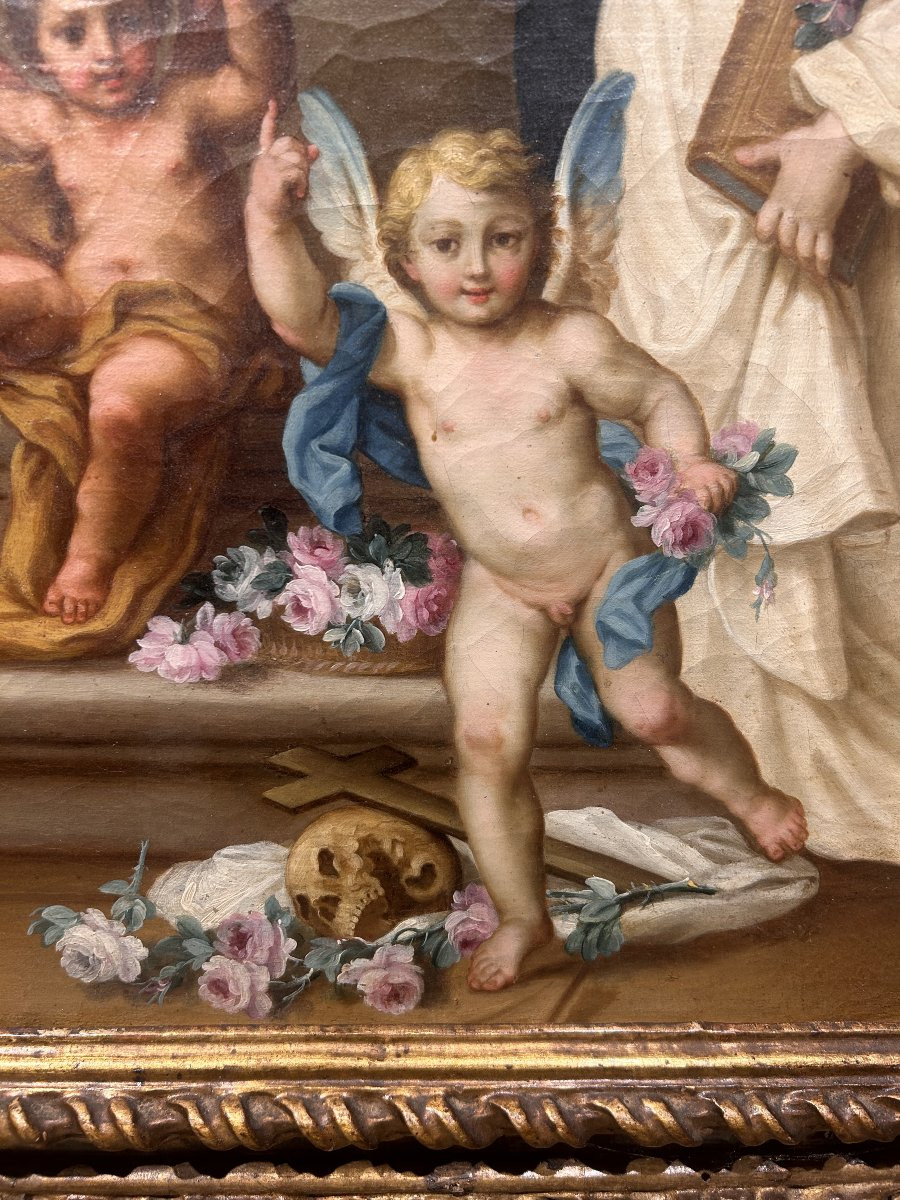 Sebastiano Conca - "Madonna del Rosario" su rara cornice intagliata e intarsiata di vetri.-photo-2