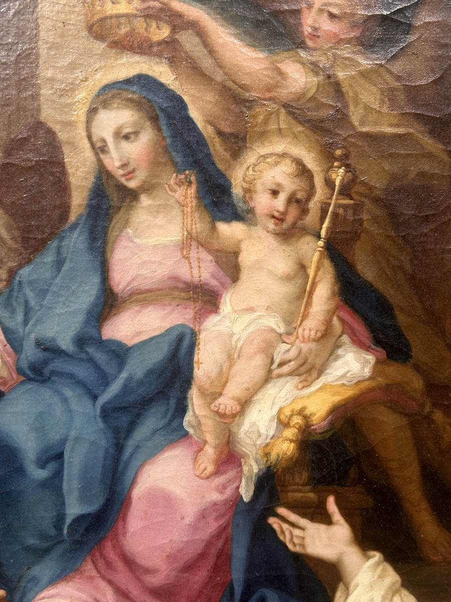 Sebastiano Conca - "Madonna del Rosario" su rara cornice intagliata e intarsiata di vetri.-photo-8