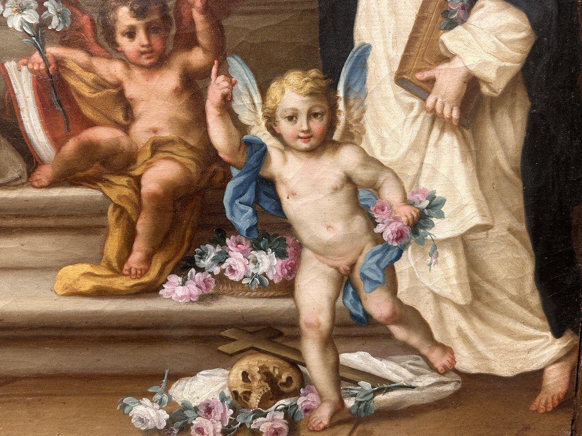 Sebastiano Conca - "Madonna del Rosario" su rara cornice intagliata e intarsiata di vetri.-photo-7