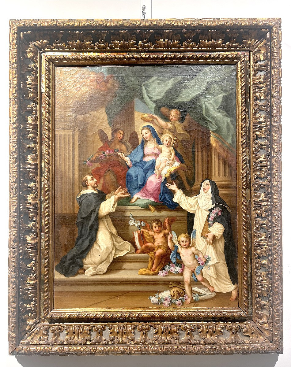 Sebastiano Conca - "Madonna del Rosario" su rara cornice intagliata e intarsiata di vetri.