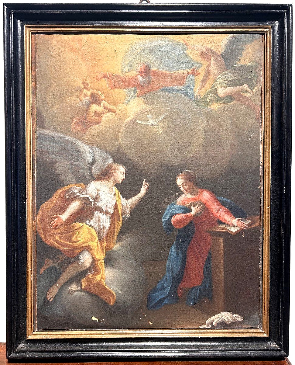 Annunciazione della fine del XVII secolo - Stato Pontificio con cornice antica.