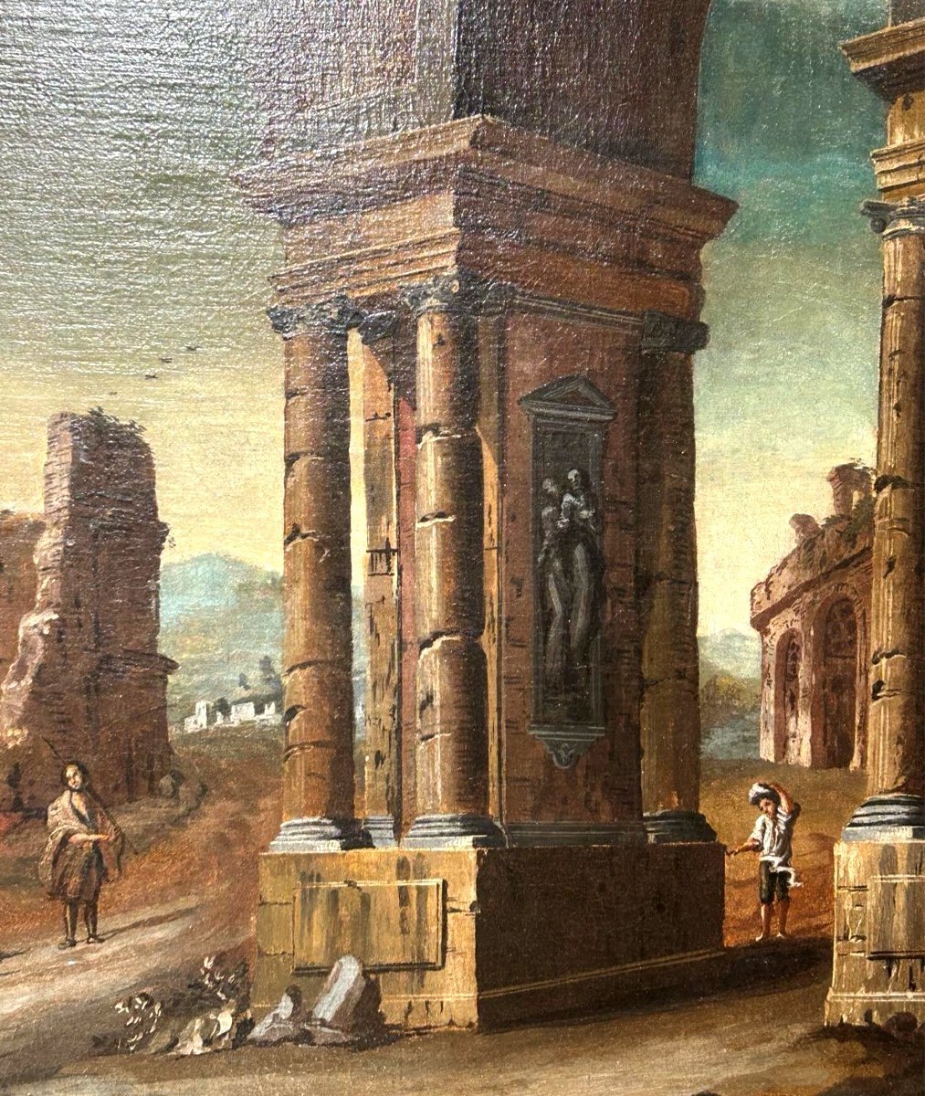 Capriccio con rovine e vindanti, attr.to a Gaetano Ottani con cornice antica (140 x 126cm)-photo-3