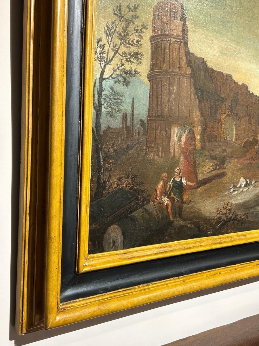 Capriccio con rovine e vindanti, attr.to a Gaetano Ottani con cornice antica (140 x 126cm)-photo-1