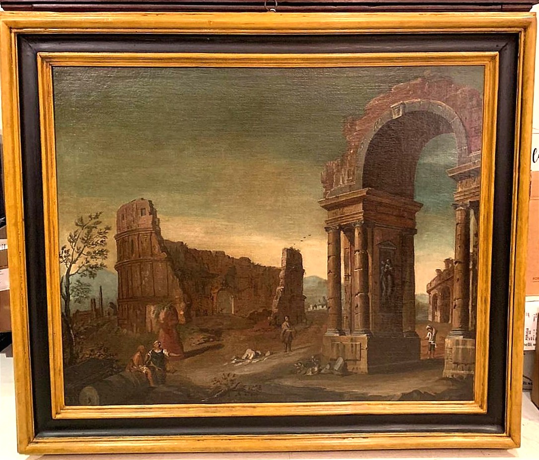 Capriccio con rovine e vindanti, attr.to a Gaetano Ottani con cornice antica (140 x 126cm)