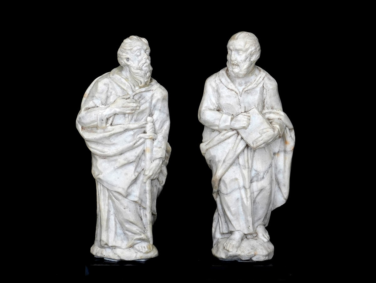 Santi Pietro e Paolo in marmo bianco scolpito. Roma, XVI secolo. 