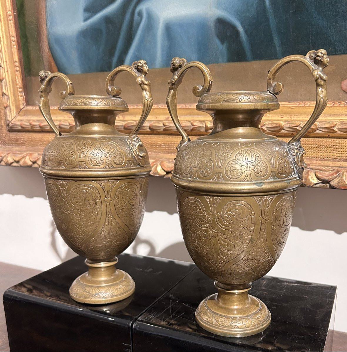 Coppia di vasi in bronzo finemente incisi. Bottega Veneto-Saracena del XVI secolo.-photo-2
