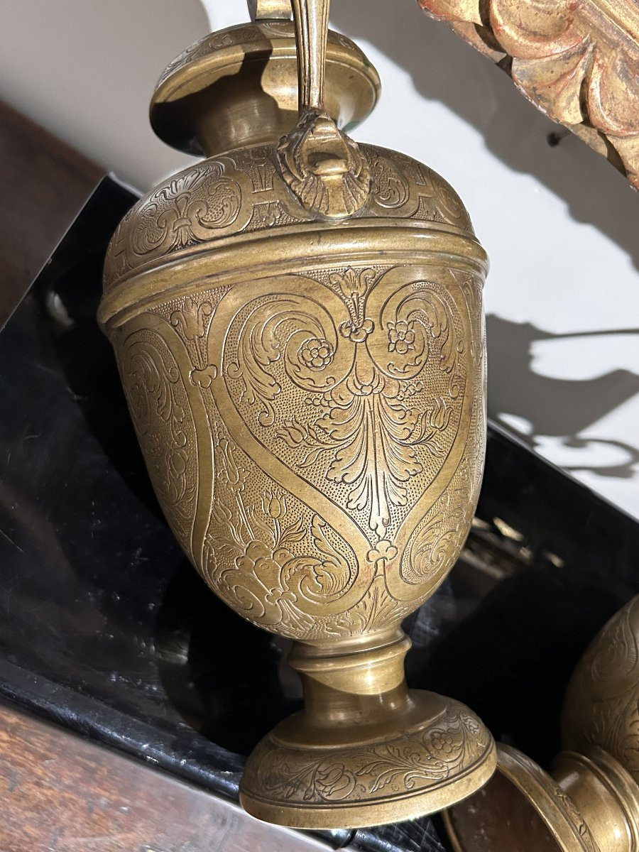 Coppia di vasi in bronzo finemente incisi. Bottega Veneto-Saracena del XVI secolo.-photo-3