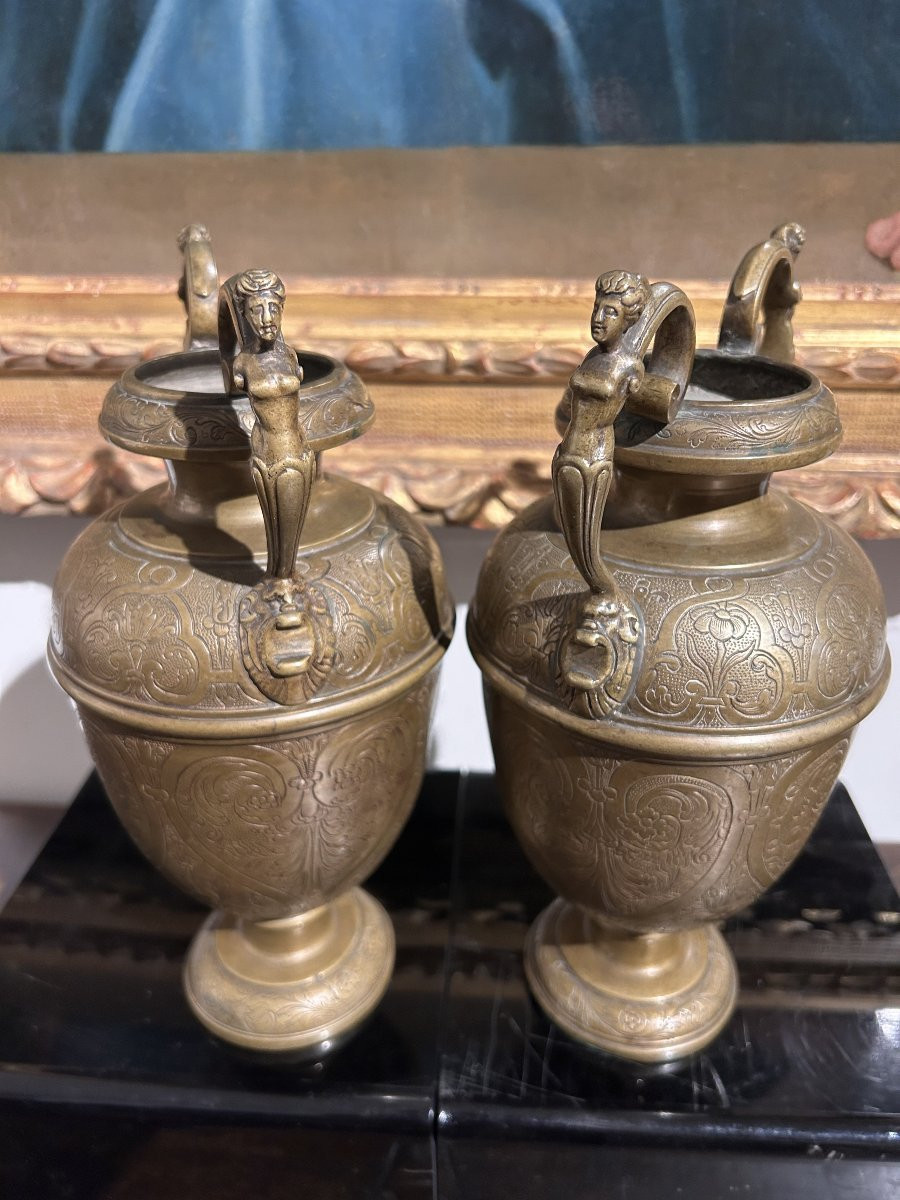 Coppia di vasi in bronzo finemente incisi. Bottega Veneto-Saracena del XVI secolo.-photo-6