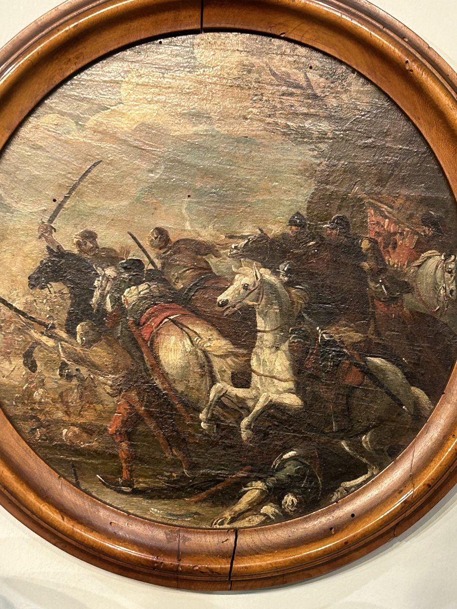 Scena di battaglia, olio su tavola su cornice in bosso.-photo-2