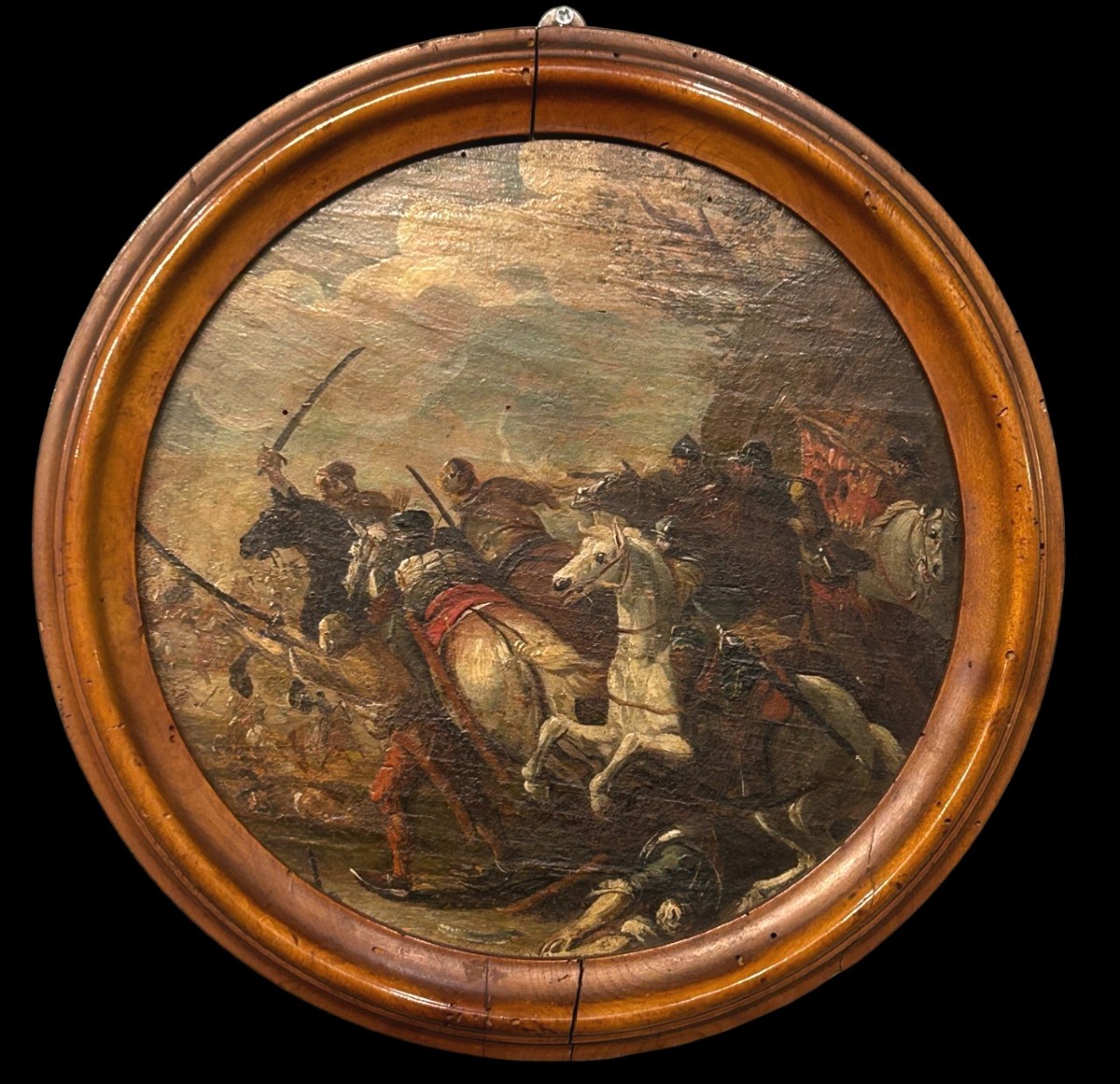 Scena di battaglia, olio su tavola su cornice in bosso.