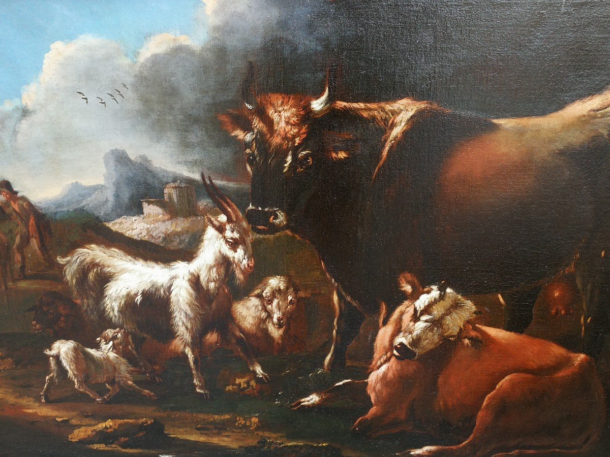 Paesaggio con scena agreste su cornice coeva attr.le a Peter Ross detto Rosa da Tivoli -photo-2