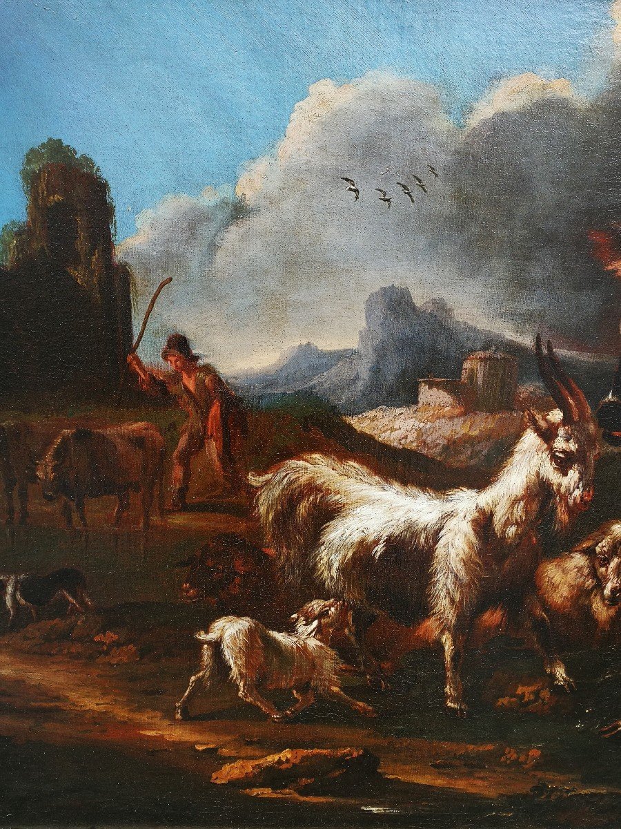 Paesaggio con scena agreste su cornice coeva attr.le a Peter Ross detto Rosa da Tivoli -photo-3